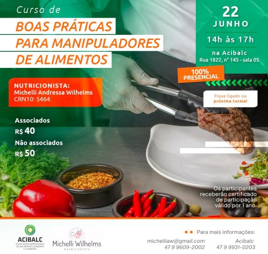 Acibalc abre inscrições para curso presencial de Boas Práticas para Manipuladores de Alimentos